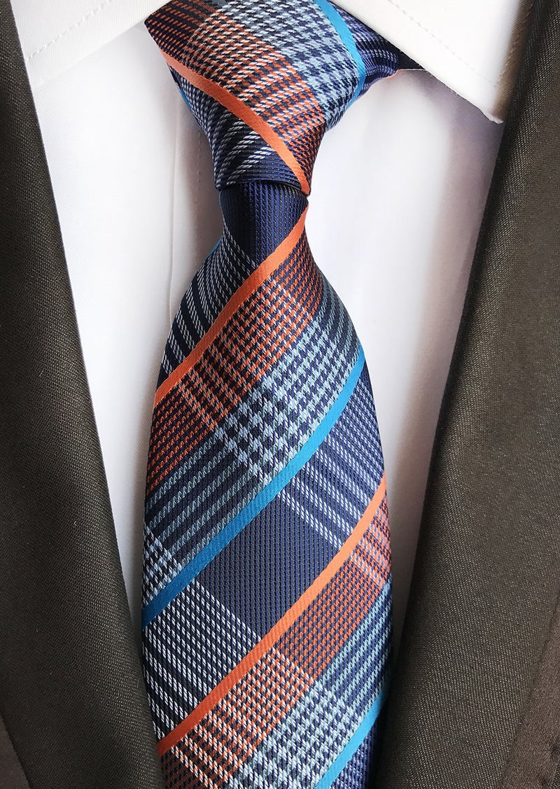 Elfeves Men's Spring Navy Blue Orange White Gingham Seft Ties Trendy Party Cool Neckties - Image 2